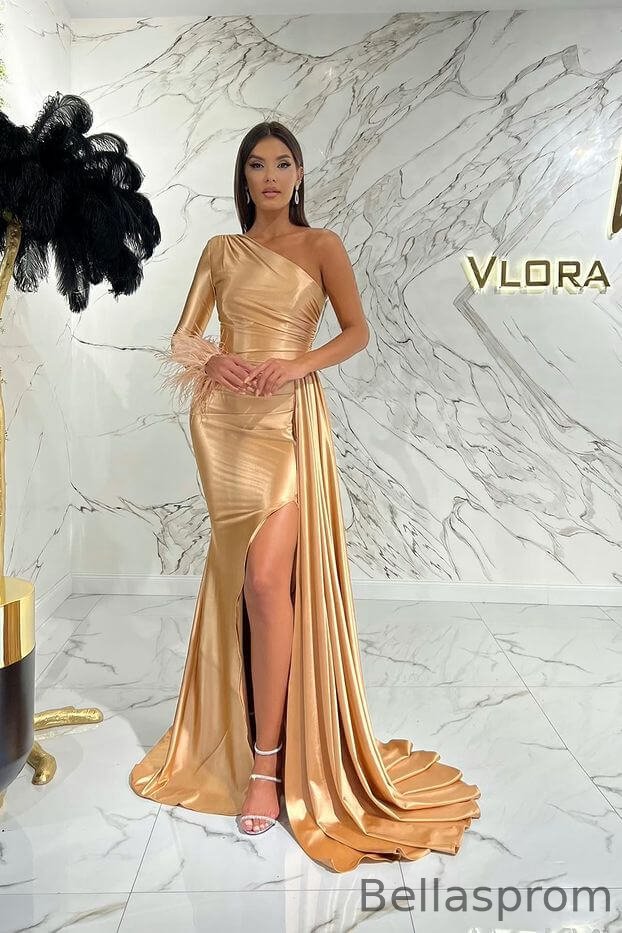 Bellasprom One Shoulder Long Sleeves Evening Dress Mermaid Slit With Ruffle Bellasprom