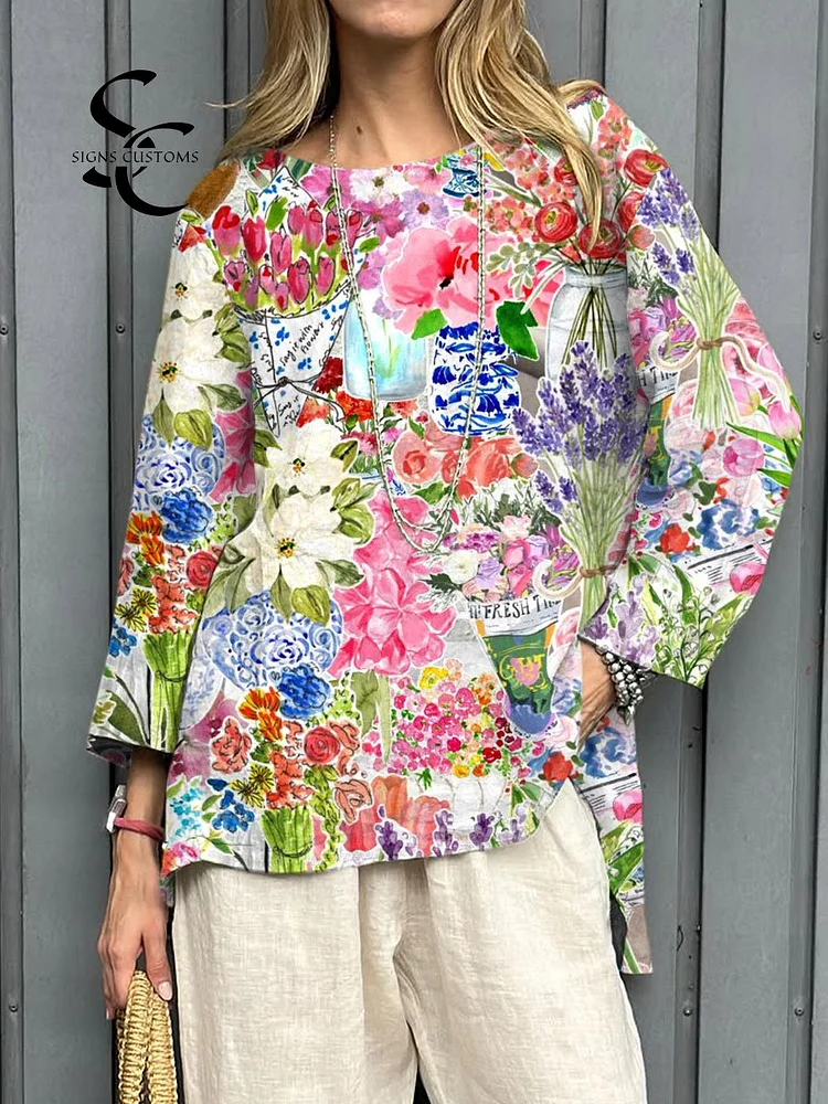 Women's  Vintage Flowers Art Print Casual Linen Round-neck  Shirt