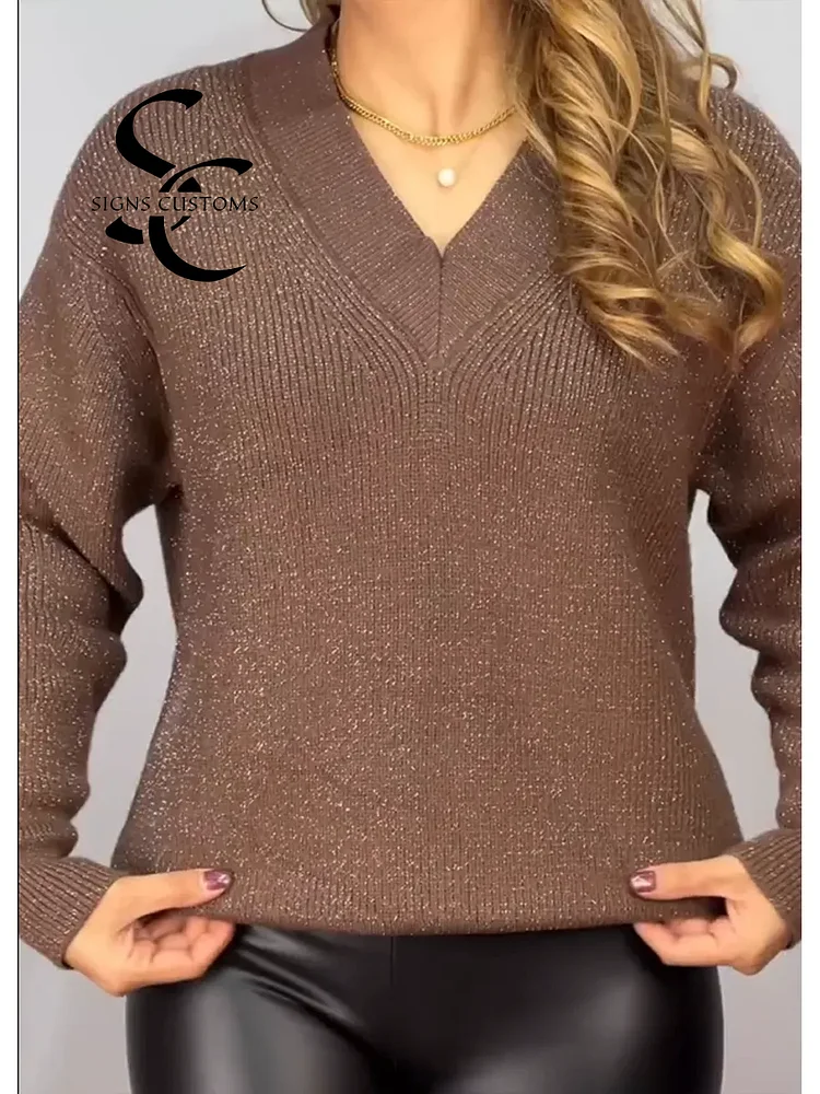 Elegant Women&rsquo;s V-Neck Sparkle Knit Sweater &ndash; Soft & Stretchy