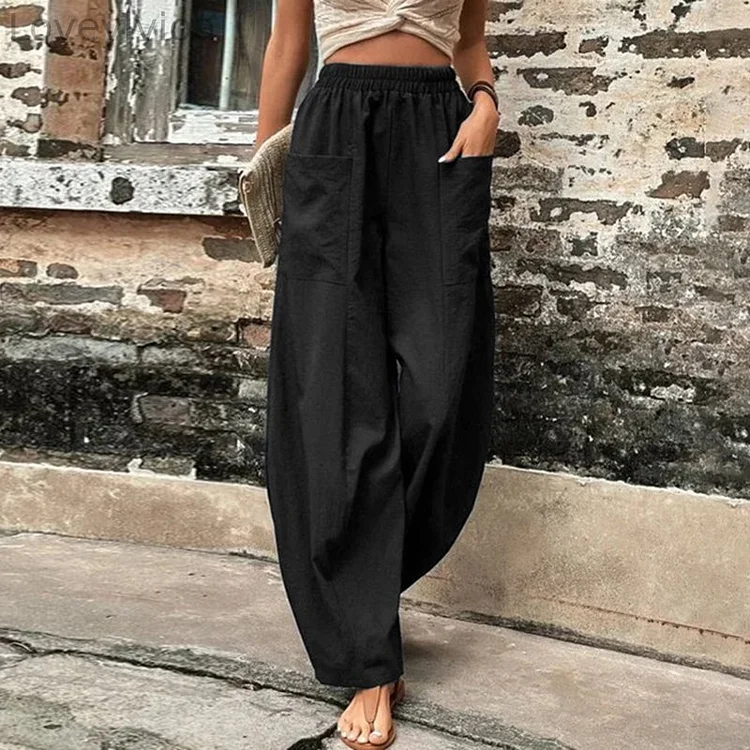 Solid Pocket Loose Casual Pants