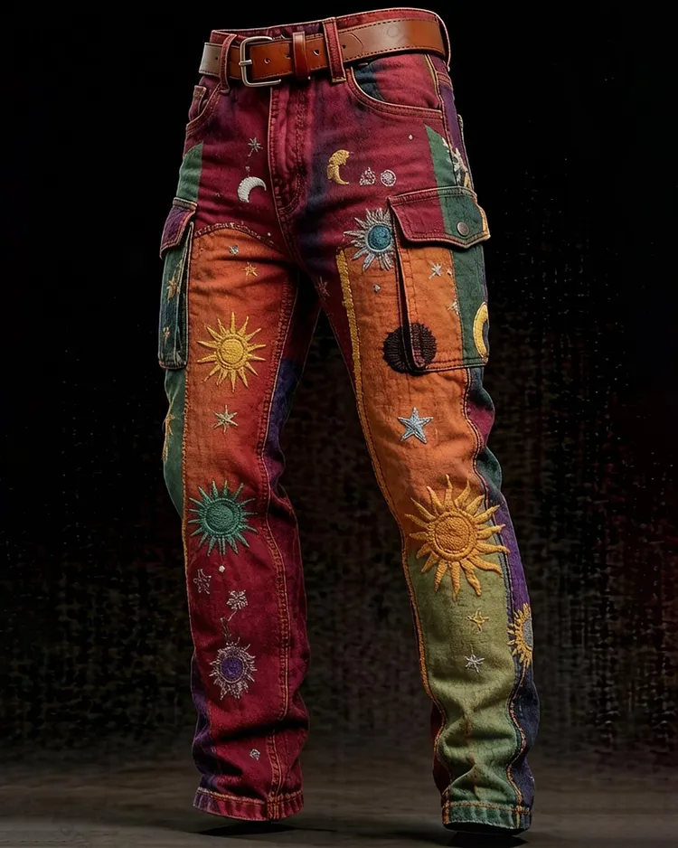 Men's Summer Outdoor Fashion Star Embroidery Color Block Pants  5399