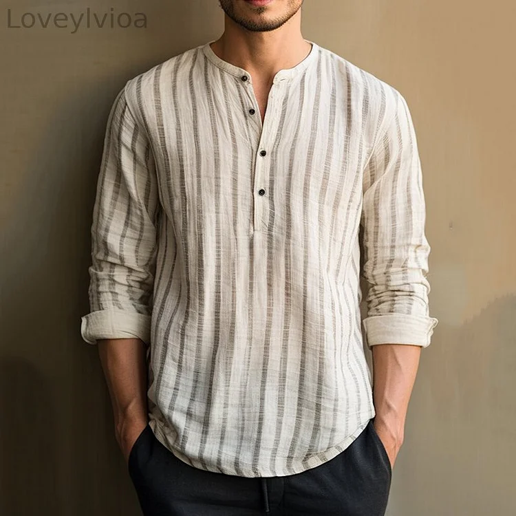Retro Striped Half Button Casual Long Sleeve Henley Shirts