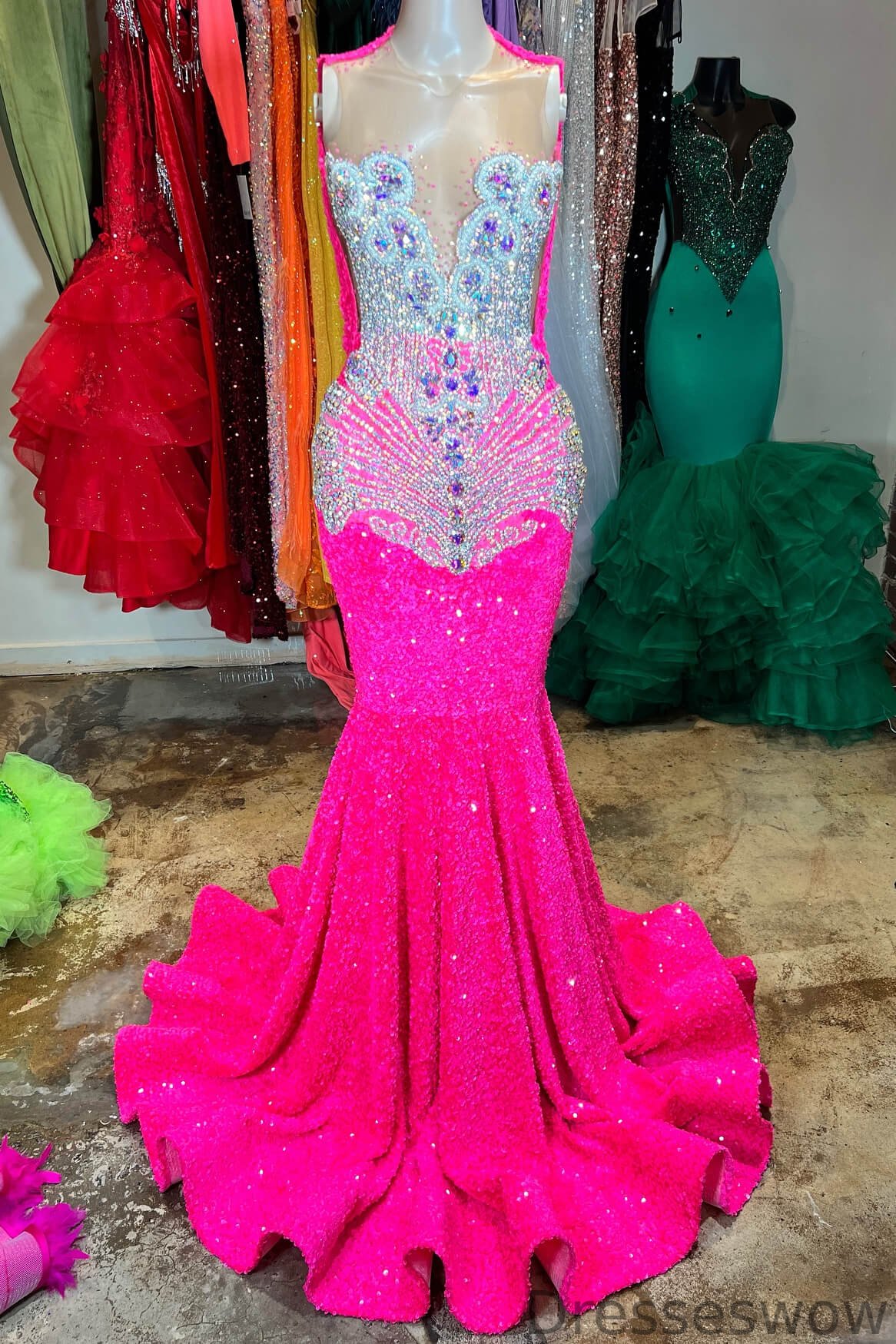 Dresseswow Fuchsia Scoop Sleeveless Mermaid Ball Dress With Sequins Beadings