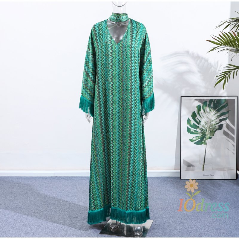 IO Dress Elegant Tassel Hem Long Dress Women Loose V-neck Full Sleeve Scarf Dresses 2025 Autumn Party Evening Dresses Luxurious Lady Robe