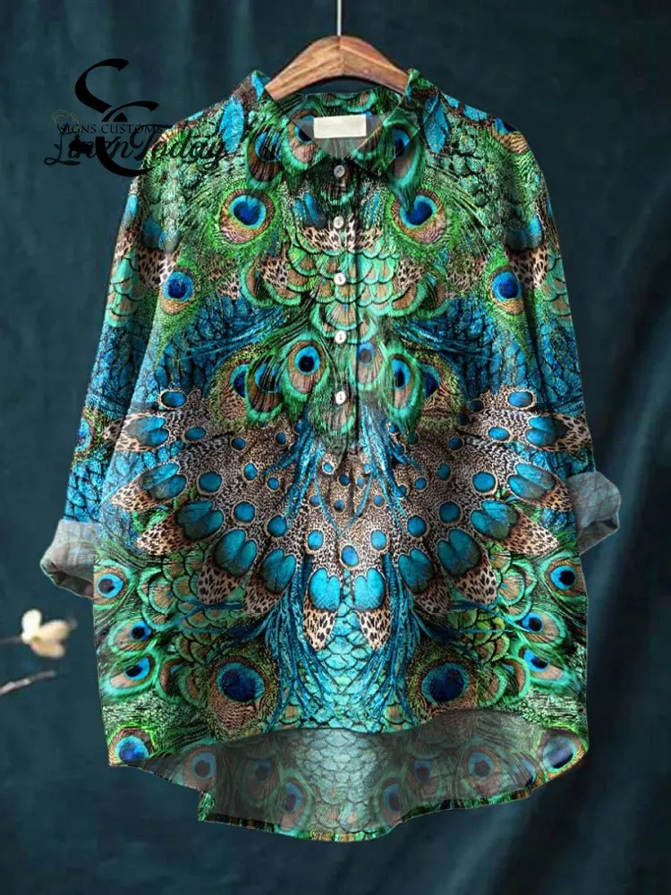 Vintage Lovely Peacock Feather Art Print Casual Cotton And Linen Shirt
