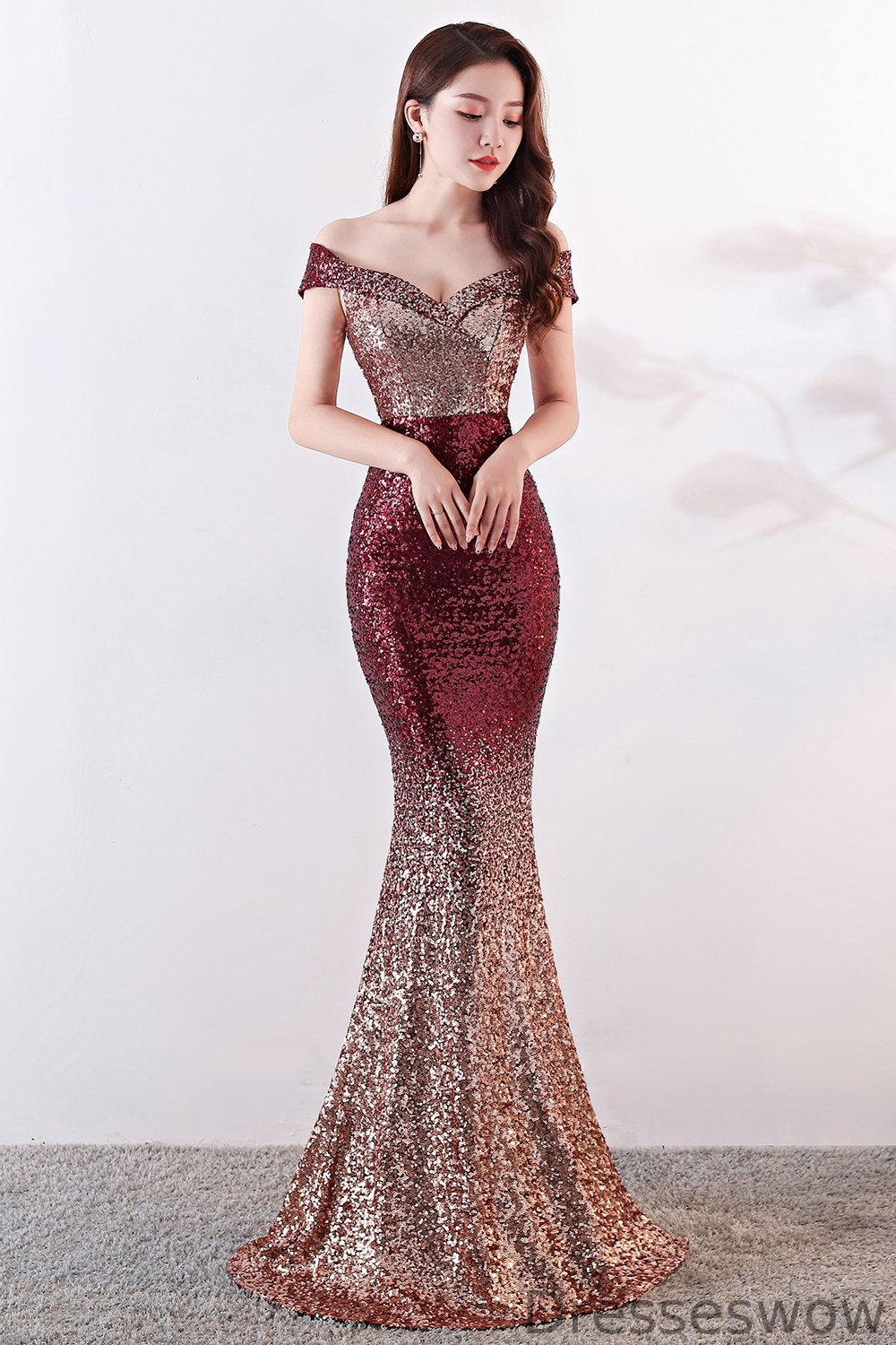 Dresseswow Off-the-Shoulder Ombre Sequins Evening Dress Mermaid Long YE0085