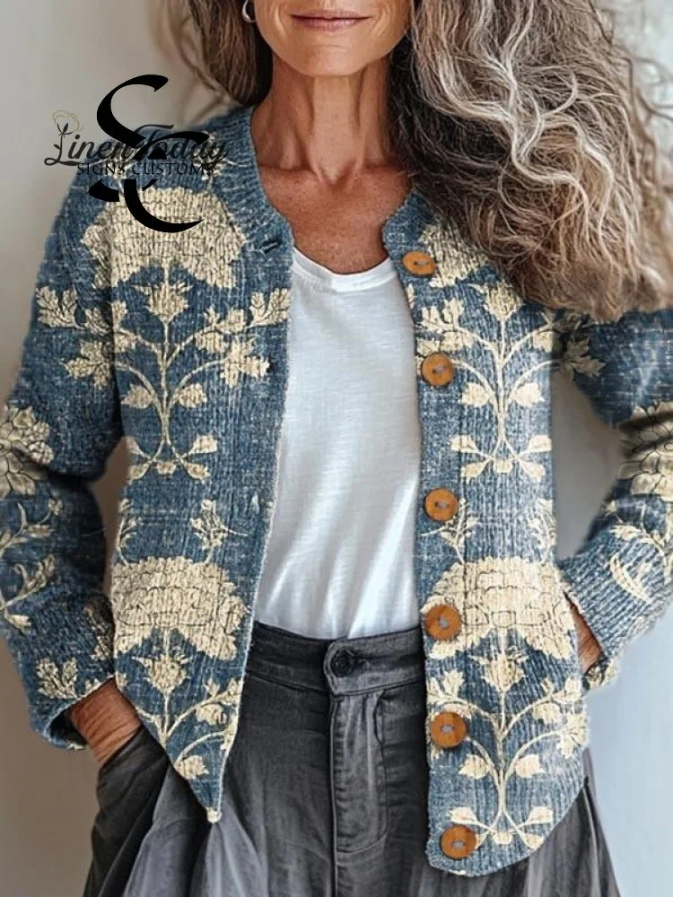 Women's Vintage Lovely Floral Art Print Buttoned Cardigan Sweater