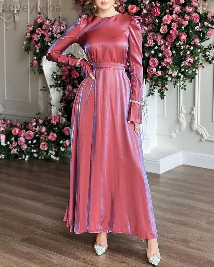 Casual everyday versatile long-sleeved round neck contrast color stitching dress