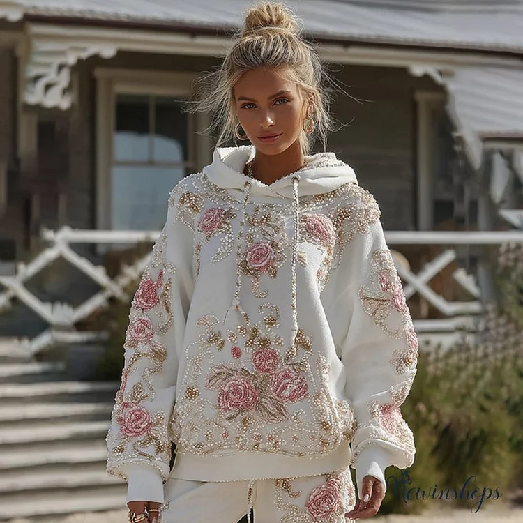 Women's Classic Rose Embroidery Art Casual Hoodie