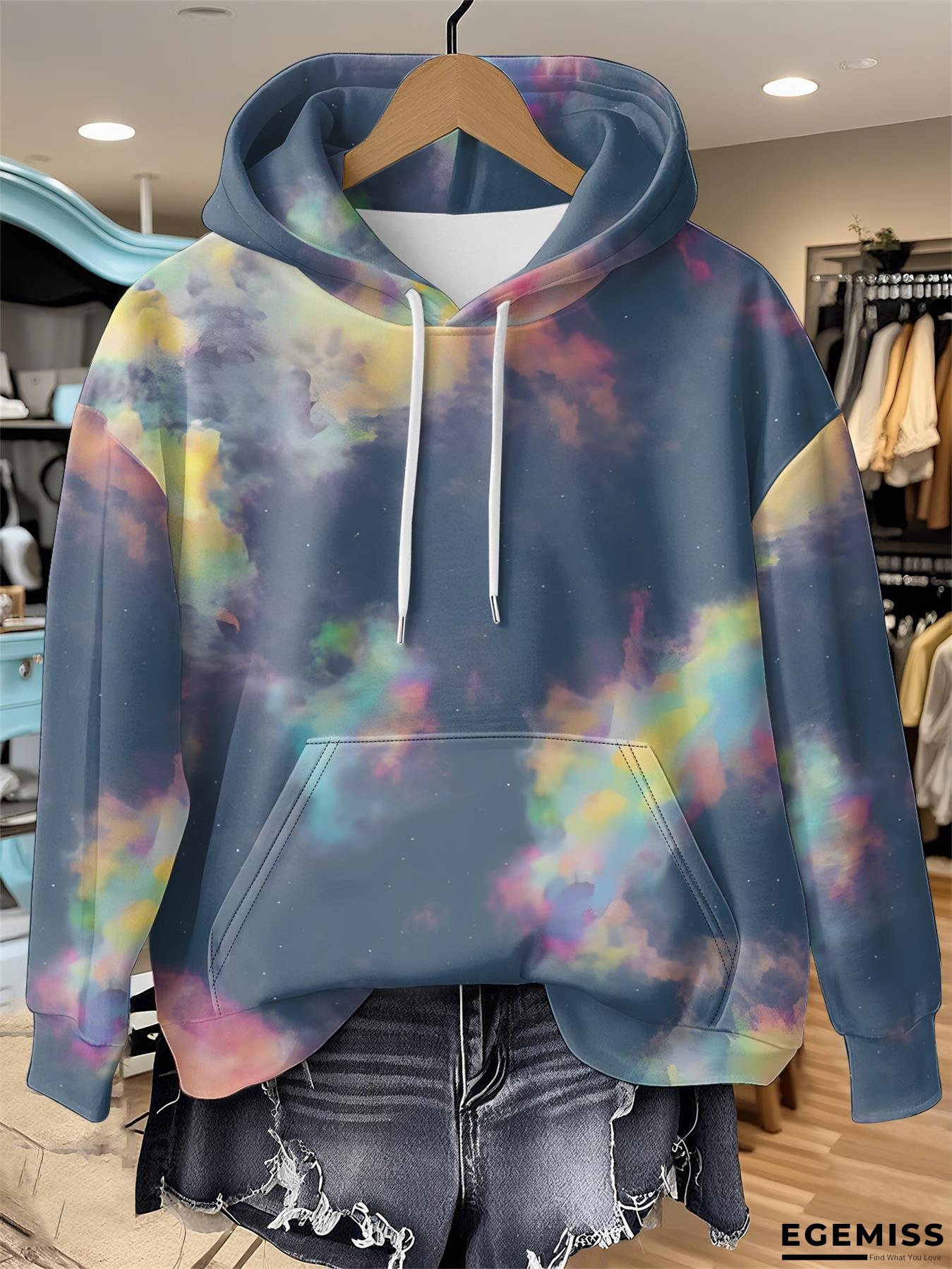 [Galaxy Print Hoodie] Women's Galaxy Print Hoodie - Space-Themed Neon Blue, Purple, Pink, Green, Orange, Red, Yellow, Black, White, Gray | Long Sleeve Pullover Sweatshirt with Front Pocket, Machine Washable Fabric for Everyday & Themed Events | EGEMISS
