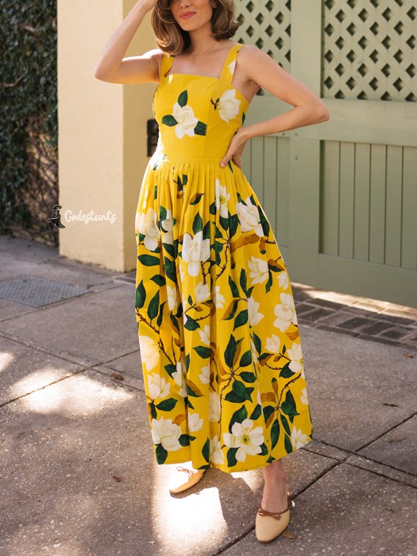 Temperament Square Neck Elegant Holiday Ladies Print Dress