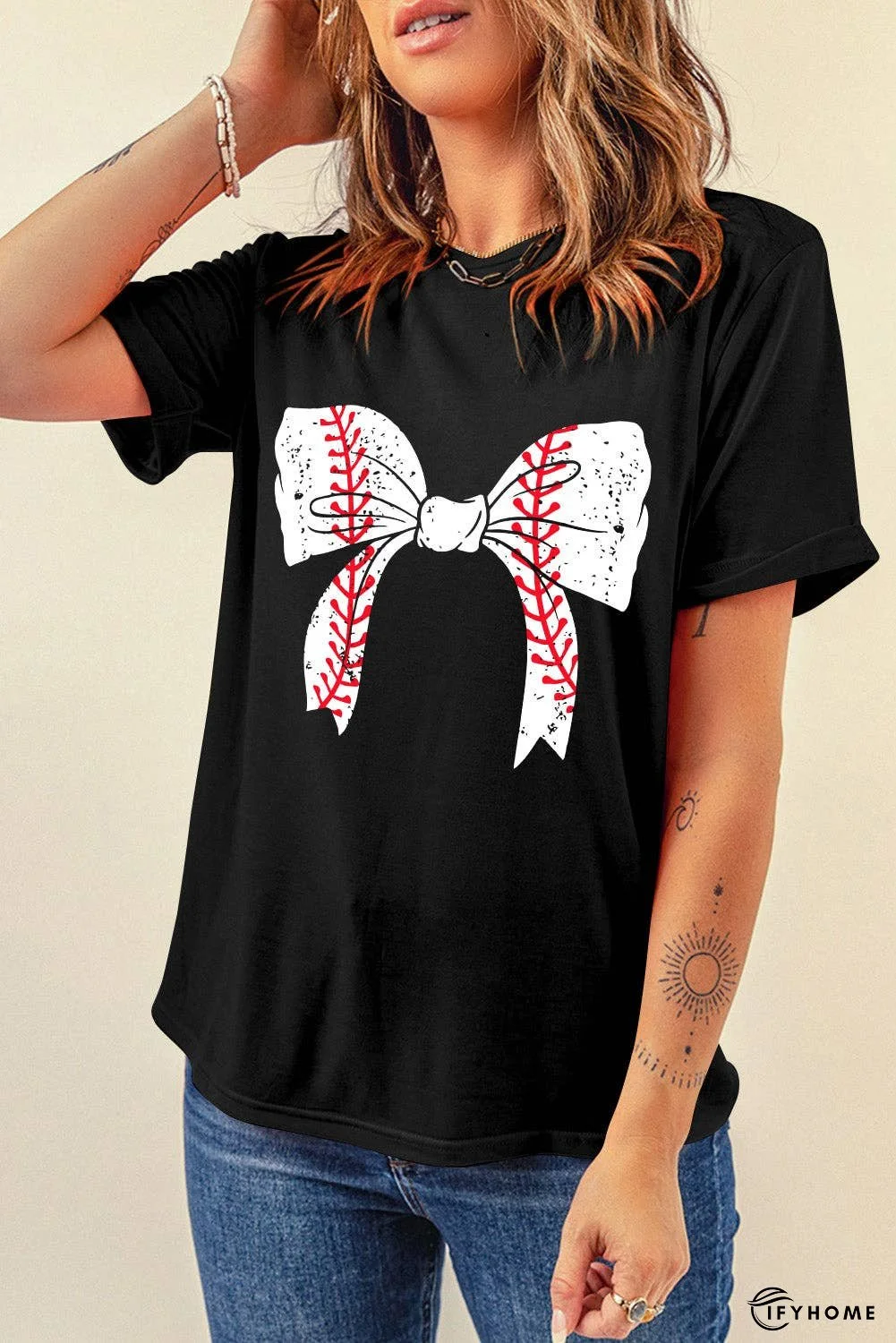 Black Baseball Bowknot Graphic Roll Up Sleeve Tee | IFYHOME