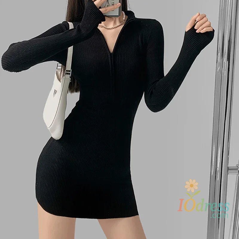 IO Dress ITOOLIN Women Mock Neck A-line Pullover Dress Kit Long Sleeve Streetwear Dress Zippers Slim Sexy Bodycon Vestido Fall Winter