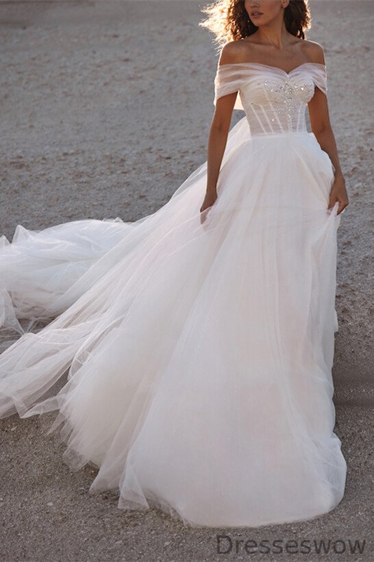 Dresseswow Off-the-Shoulder Sweetheart Tulle Wedding Dress Long With Sequins