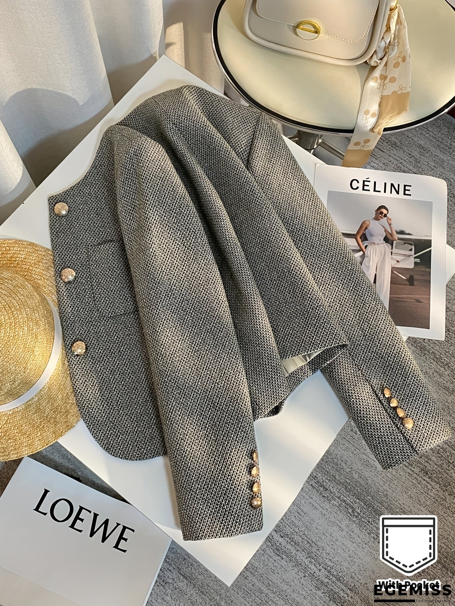 Women's Elegant Blazer Jacket - Structured Non-Stretch Fall/Winter Coat with Front Button Closure, Round Neckline & Chest Pockets - Office, Party, Date Night Jacket in Neutral Grey/Beige - HW915, Office Attire, Sophisticated Design, Durable Construction | EGEMISS
