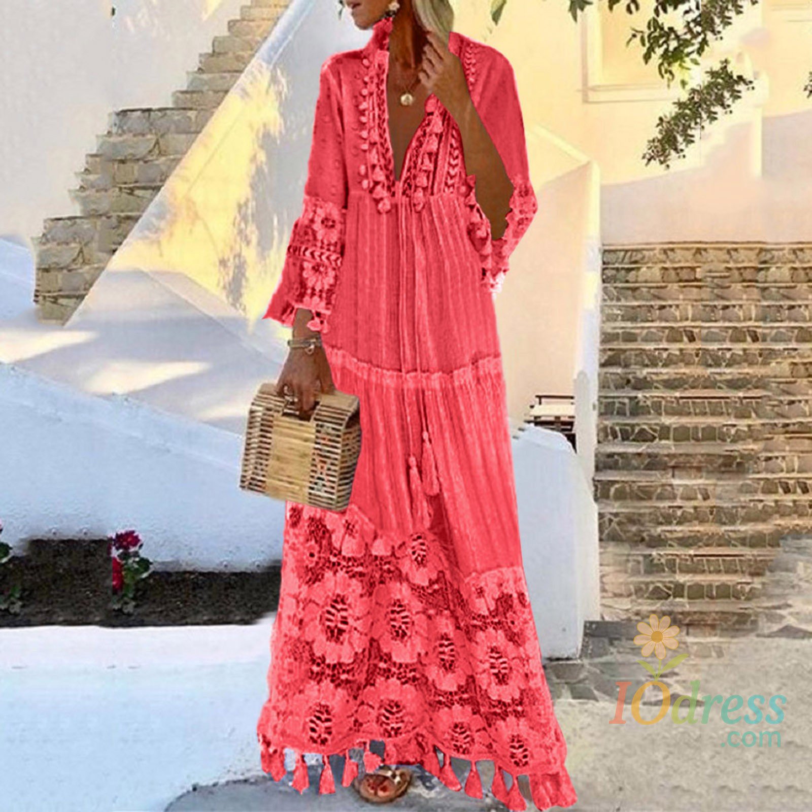 IO Dress Ladies Bohemian V-Neck Tassel Large Size Casual Dress Women Lace Solid Fashion Dress Elegant Robe Boho Holiday Long Dress IO Dress