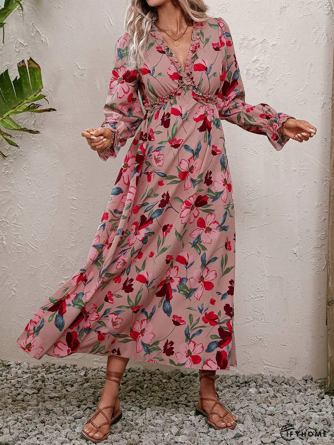 Floral Frill Trim V-Neck Maxi Dress | IFYHOME