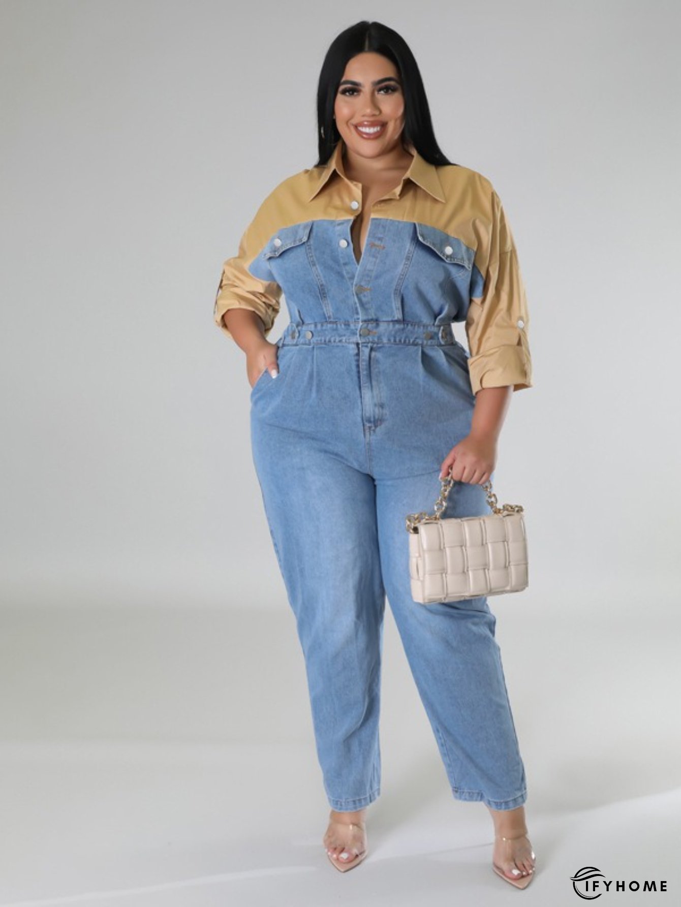 Womens Plus Size Two-Tone Denim Romper Wide Leg Jumpsuit With Collar Elastic waist blue | IFYHOME
