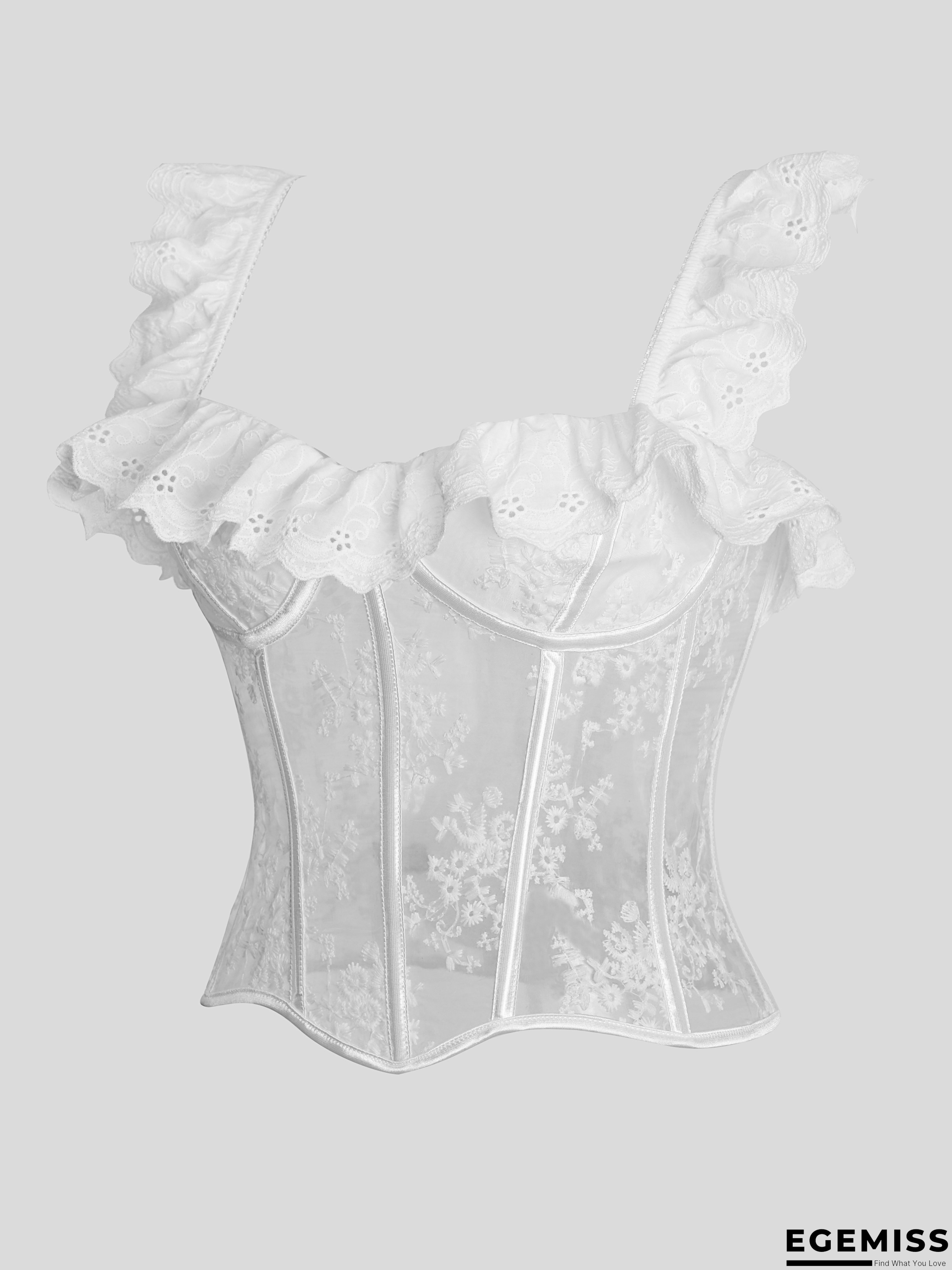 Elegant White Floral Corset Top for Women - Lace-Up, Ruched Bodice with Ruffled Straps, Perfect for Shapewear or Stylish Layering, Shapewear Top | Floral Corset Top | Laceup Detail | EGEMISS