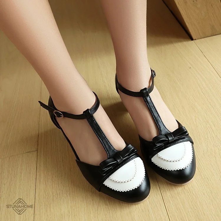 Women's Vintage T-Strap Heels with Bow and Block Mid Heel Design  Stunahome.com