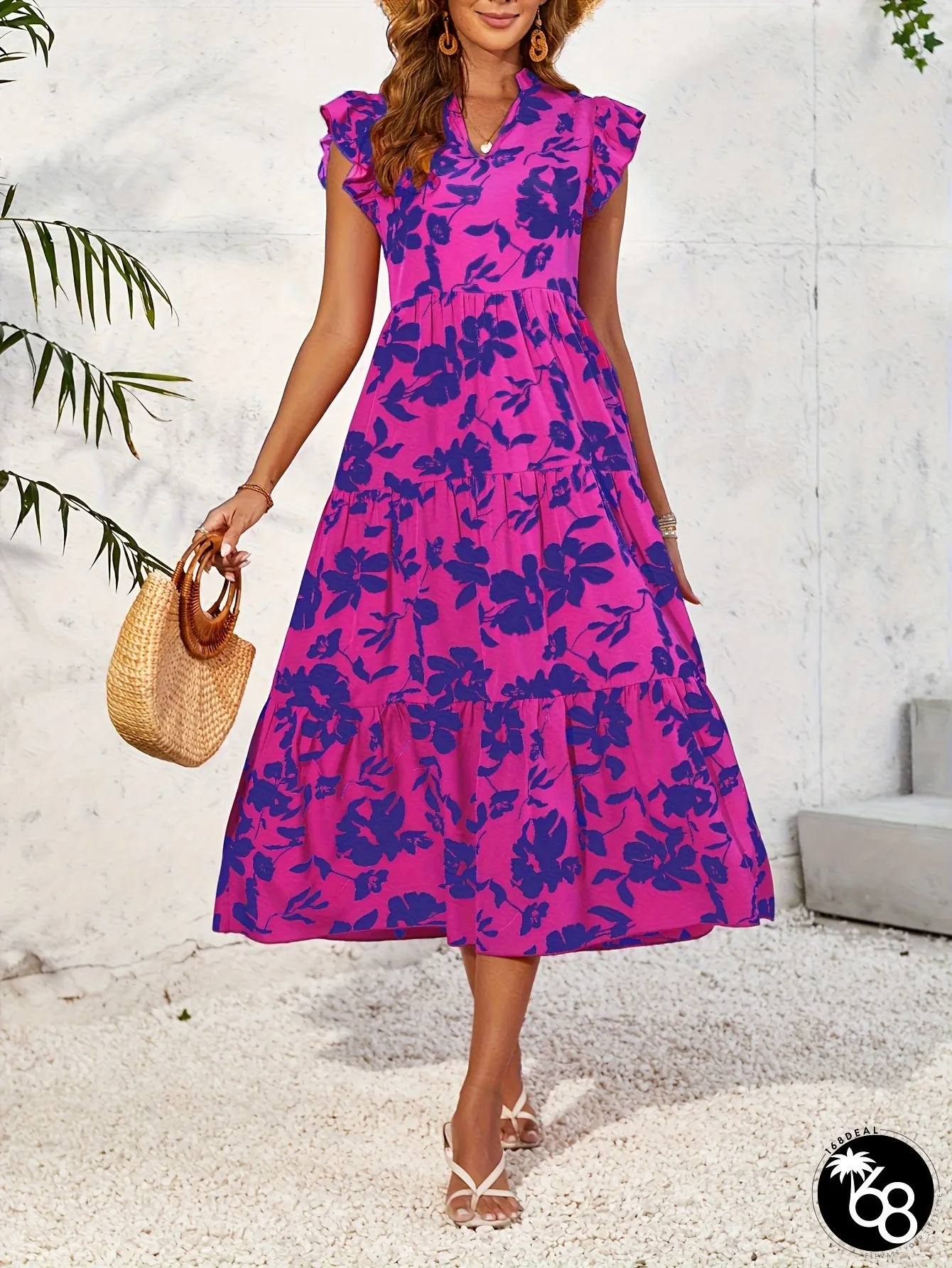 Elegant floral print sleeveless maxi dress with ruffled hem v-neck flowy a-line silhouette | 168DEAL