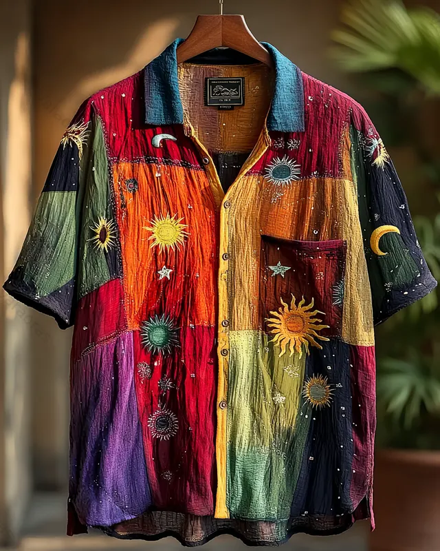 Men's summer vacation star and moon embroidery patchwork short-sleeved shirt 4e46