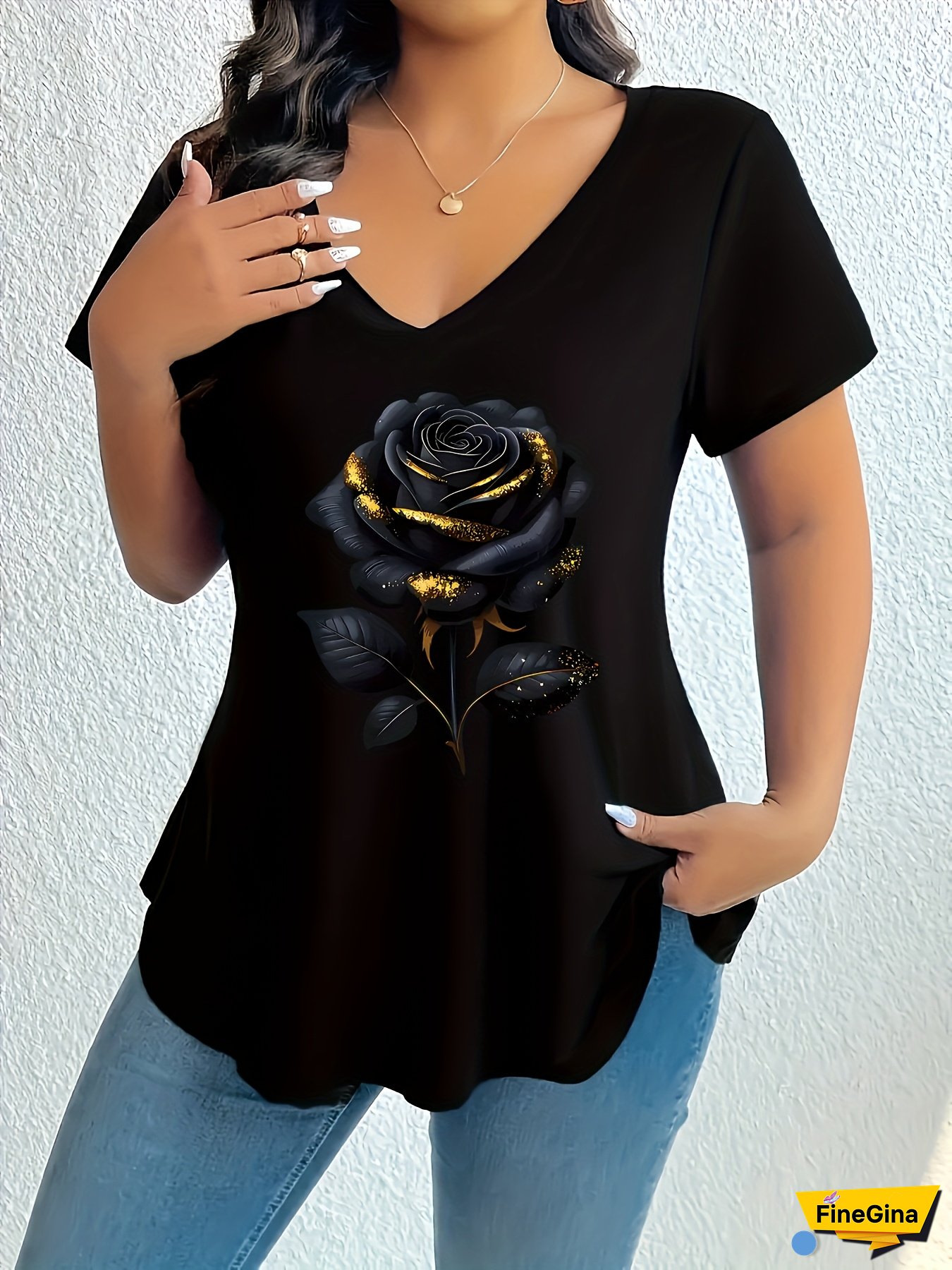 Plus Size - Women's Plus Size V-Neck T-Shirt With Golden Rose & Geometric Print - Casual Short Sleeve, Stretchy Black Top For Spring/Summer, Comfortable Loose Fit, Ladies T Shirts