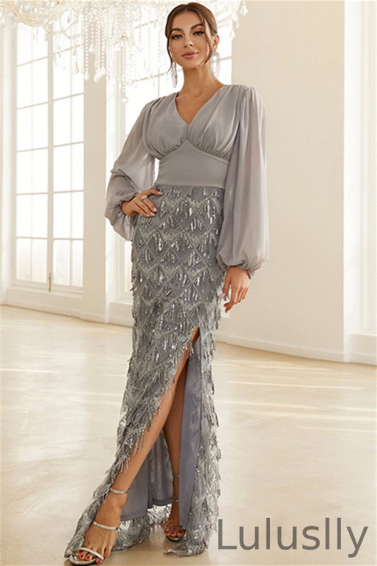 Luluslly Long Sleeves V-Neck Mermaid Evening Dress Sequins Tassels With Slit YE0130