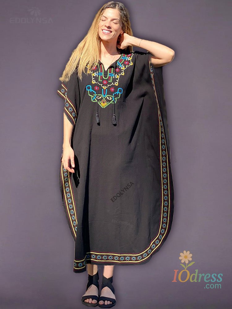 IO Dress 2025 Quick-drying Bohemian Printed Loose Summer Beach Dress Moroccan Kaftan Women Plus Size Beachwear Tassel Midi Dress Q897 IO Dress
