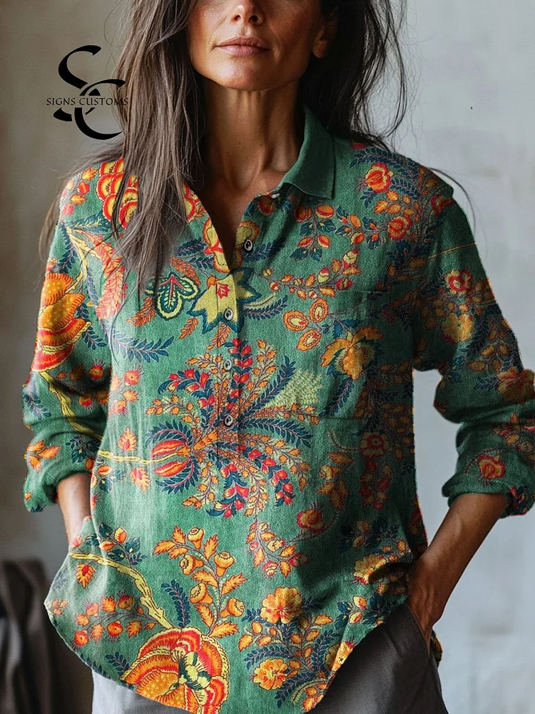 Women's Vintage Floral Art Print Casual Cotton And Linen Shirt
