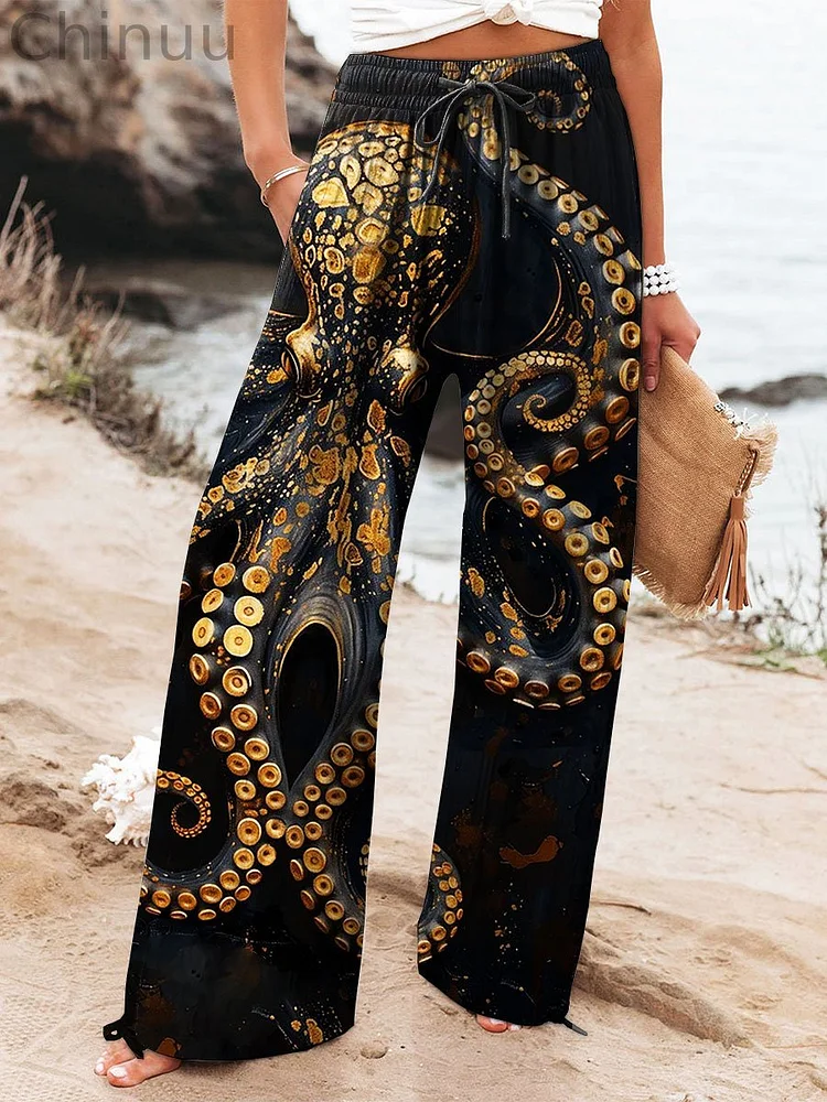 Women's Vintage Octopus Art Print Cotton And Linen Casual Pants