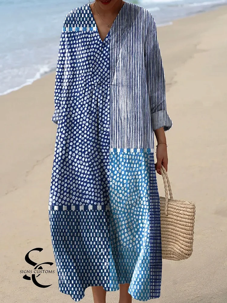 Artistic Dress with Polka Dots and Striped Abstract Print