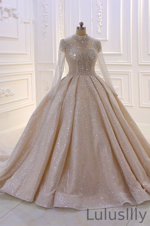Amazing High-neck Long Sleeves Ball Gown Wedding Dress With Sequins - lulusllly