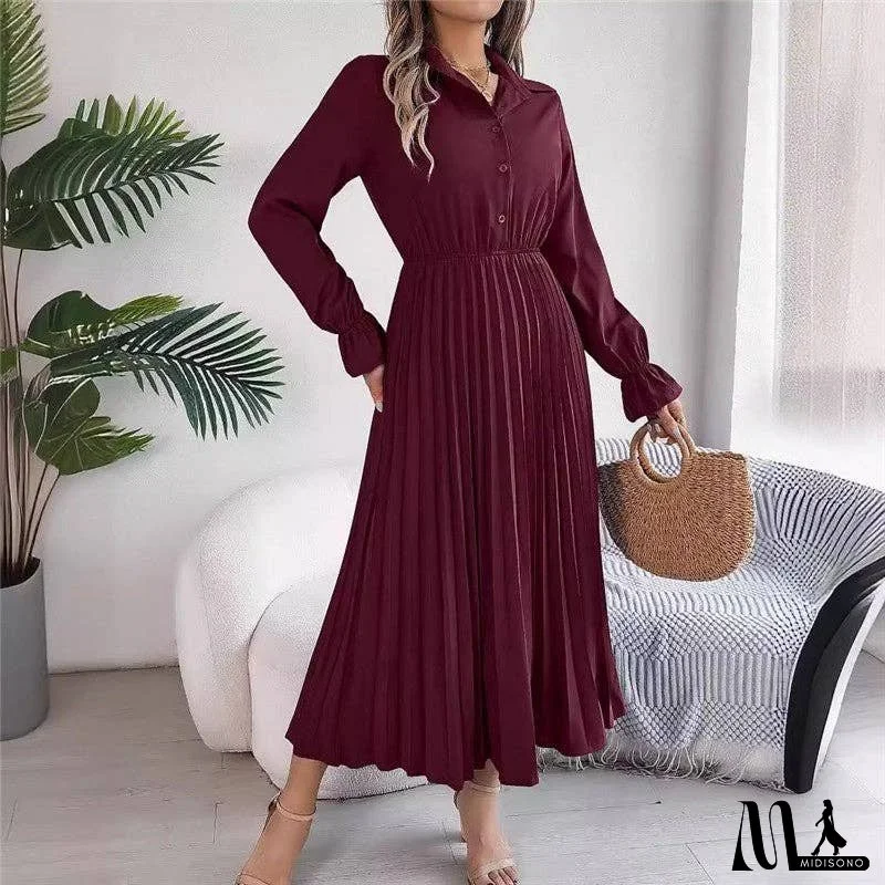 Solid Color Casual Lapel Long Sleeve Pleated Maxi Dress