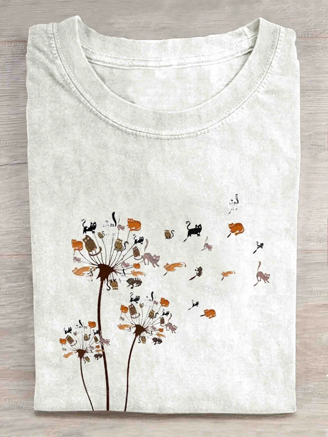 Eagerlys Cute Cat Flower Retro Print T-shirt Eagerlys