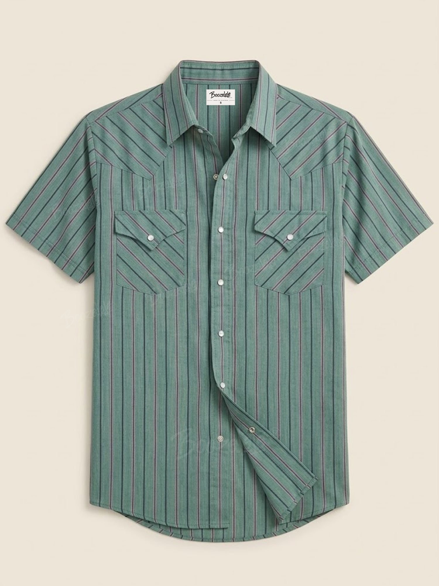 2026 SS Vintage Western &mdash; Sage Green Multi-Stripe Yoke Design Short Sleeve Shirt