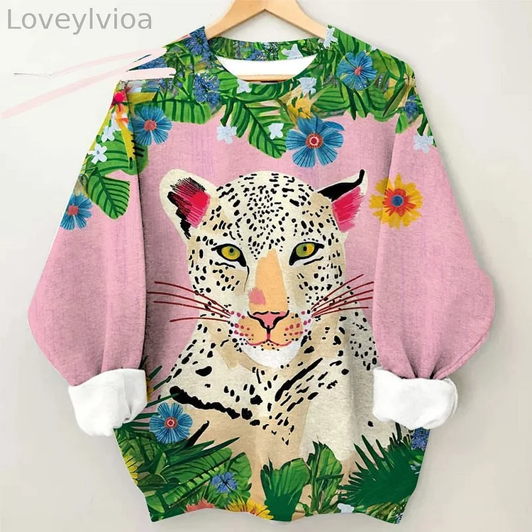 Pink Cheetah Stitching Casual Long Sleeve Top