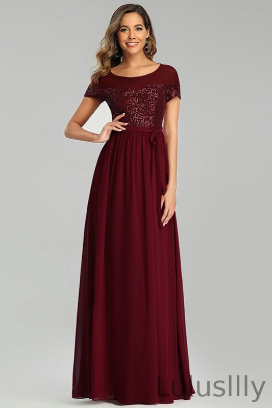 Sparkle Burgundy Sequins Evening Dresses With Short Sleeves - lulusllly