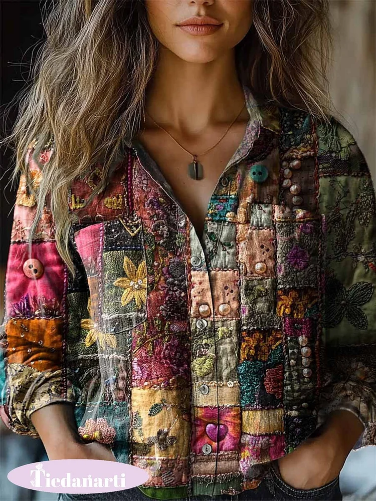 Women's Retro Patchwork Art Pattern Long Sleeve Comfortable Cotton Shirt