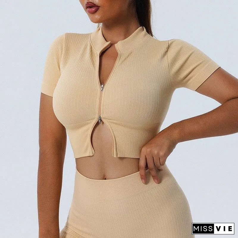 Solid Color High Elasticity Sports Short Sleeved Top