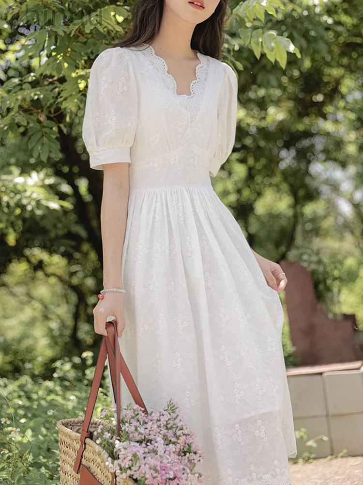 V-neck Embroidered Lace Collar White Dress
