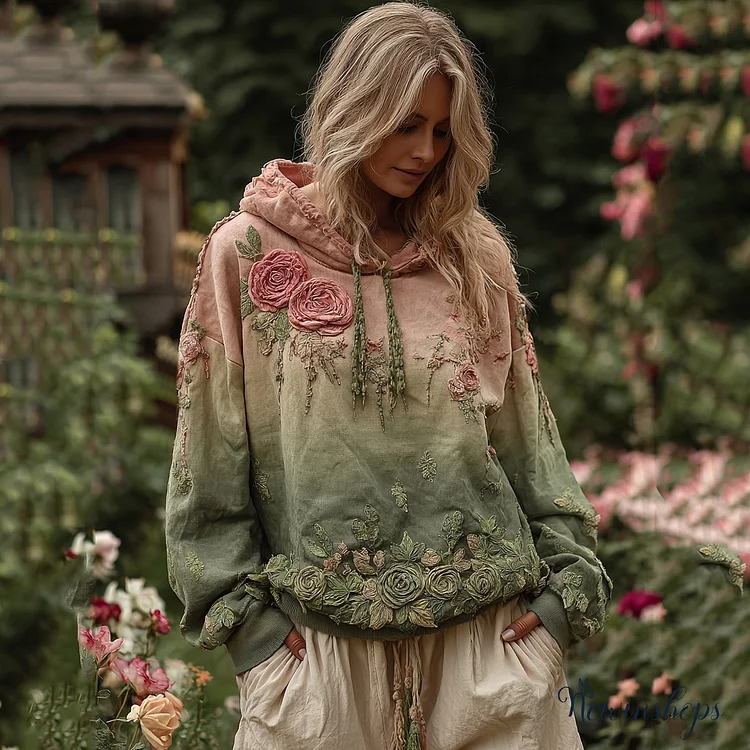 Vintage Rose Floral Art Embroidery Comfortable Warm Hoodie