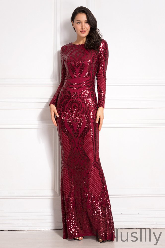 Chic Long Sleeve Sequins Prom Dress Long Mermaid Evening Gowns - lulusllly