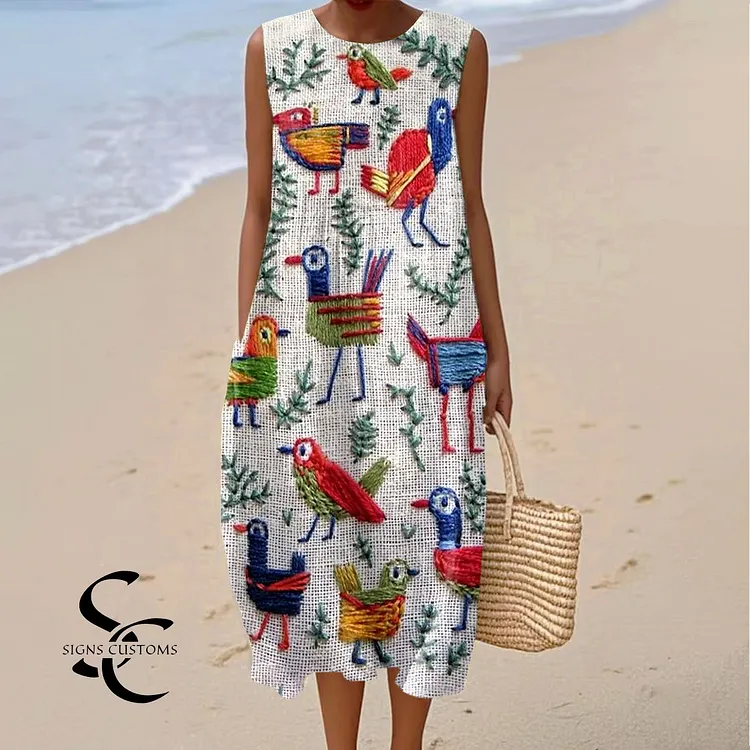 Women's Vintage Funny Farm Animal Chicken Art Print Sleeveless Cotton Pocket Wrap Dress
