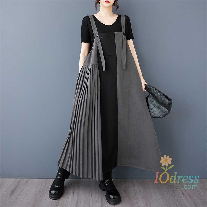 IO Dress Women Denim Pleated Dresses Pinafore A Line Dress Spliced Pocket Sleeveless Ankle Length Straight Office Lady Casual 2025 Summer
