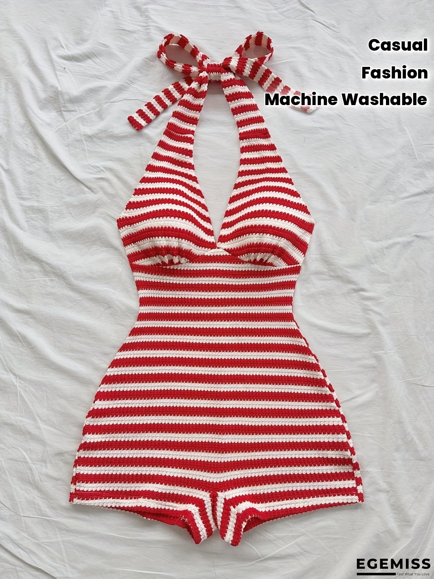 Women's Sexy Halter Neck One-Shoulder swimsuit - Red & White Vertical Stripe Beach Party Outfit, Semi-Sheer Top for Vacation, Dates, Christmas, Easter - Machine Washable Formal & Casual Evening Dresses, Vacation Outfit, Boho Chic, Stretchy Fabric | EGEMISS