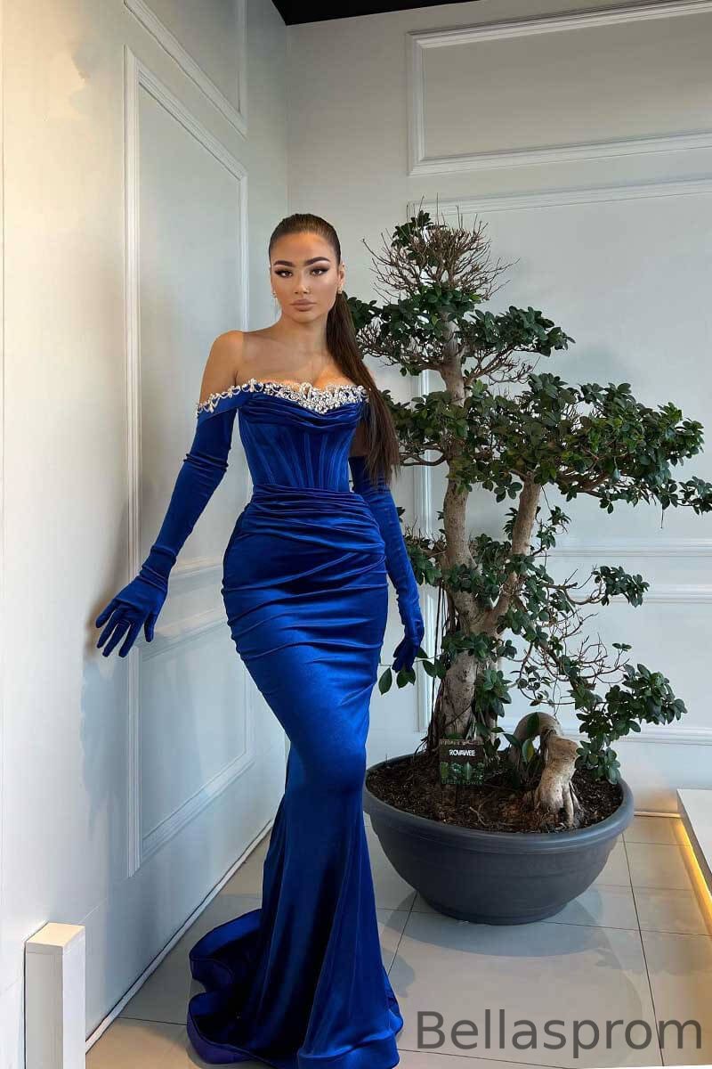 Bellasprom Royal Blue Off-the-Shoulder Mermaid Prom Dress With Beadings Pleats Bellasprom