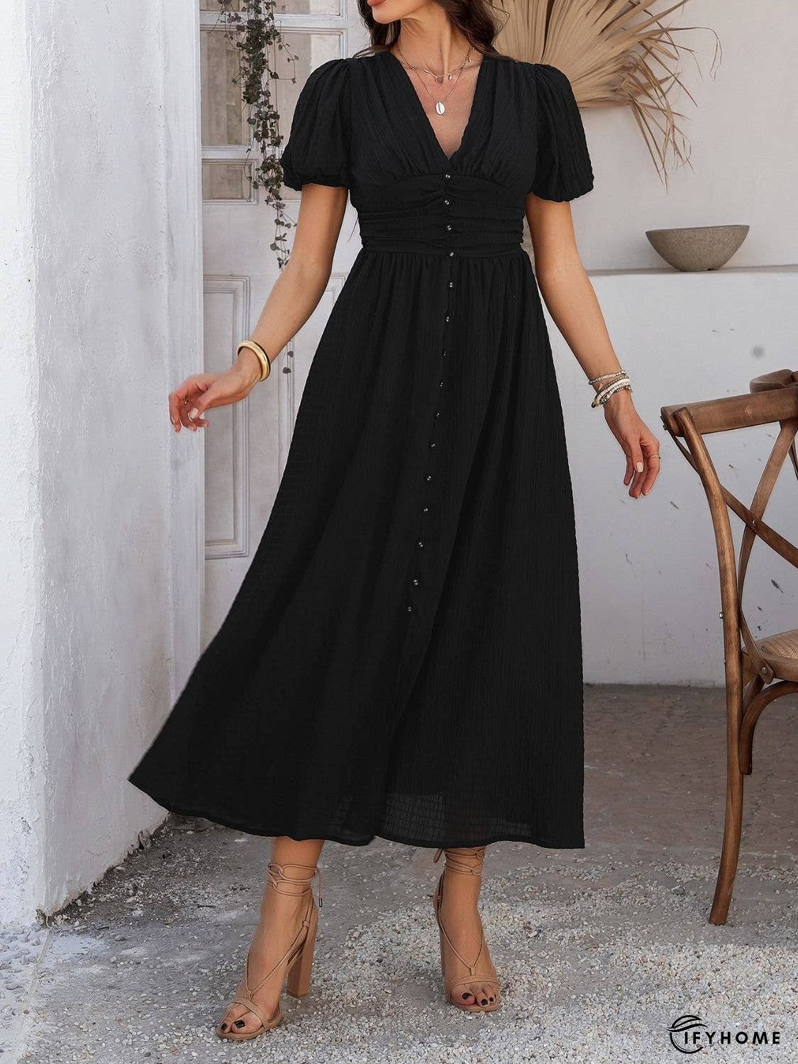 Devine V-Neck Puff Short Sleeve Midi Dress | IFYHOME