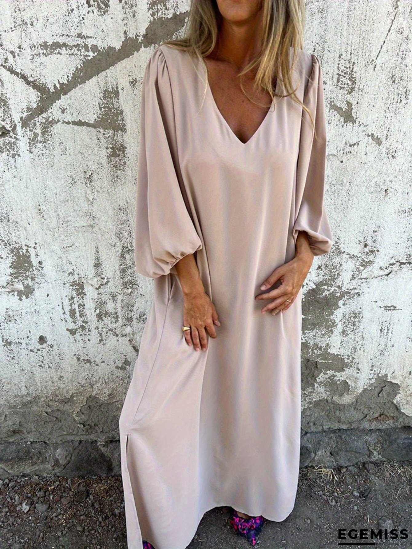 Women's Elegant Floor-Length Balloon Sleeve A-Line Maxi Dress - V-Neck Long Sleeve Solid Color Floor-Length Dress With Asymmetrical Hem, Machine Washable, All-Season Formal & Casual Attire | EGEMISS