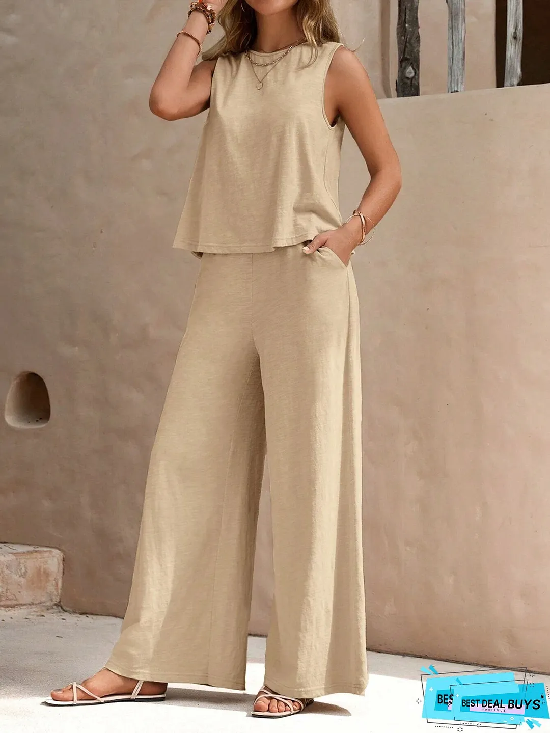 Women's Sleeveless Textured Vest Wide-leg Button- Pants Set